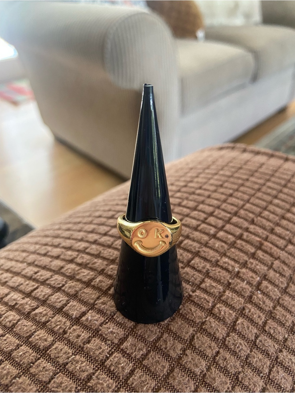 Gold Smiley Signet Ring with 'OK' Detail